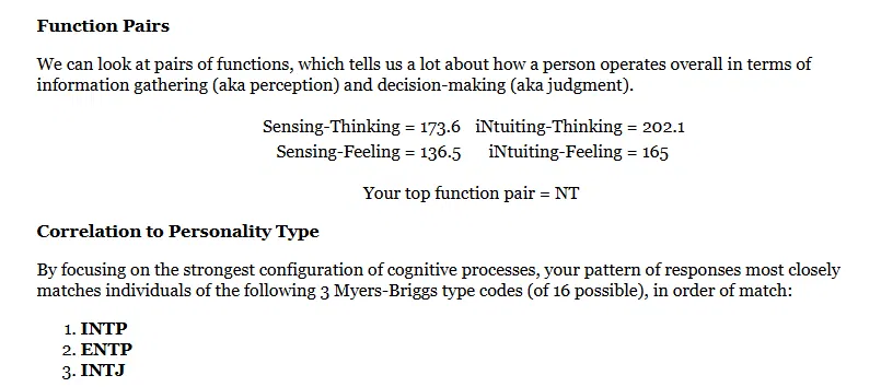 Function pair result showing NT as top pair and INTP, ENTP, INTJ as closest matches