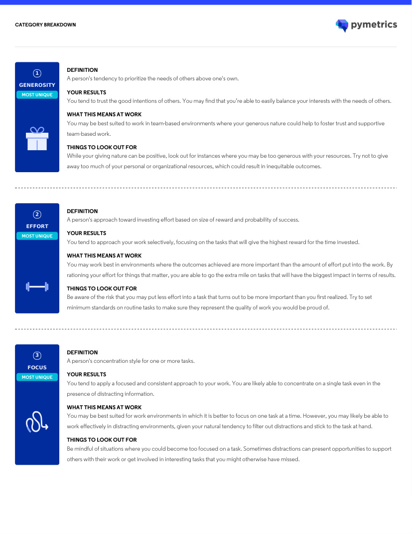 Pymetrics detailed results for generosity, effort and focus