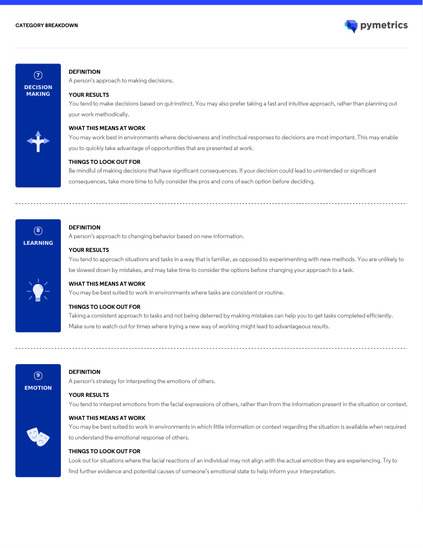 Pymetrics detailed results for decision making, learning and emotion