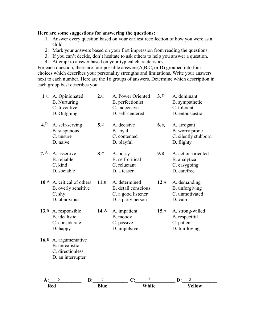Completed four-colour personality test showing Red 5, Blue 5, White 3 and Yellow 3
